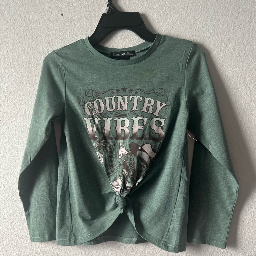 Kandy Kiss‎ Girl’s Green Long Sleeve Tee, Country Vibes Graphic Size S 7/8 New